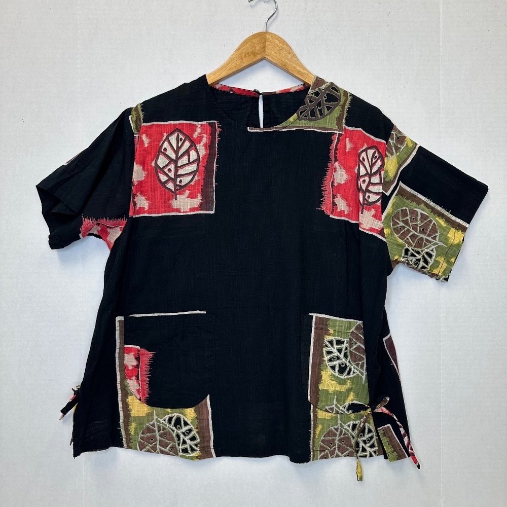 MONA LISA Boho Patchwork Tunic Top – Leaf Print – Black with Multicolor Accents